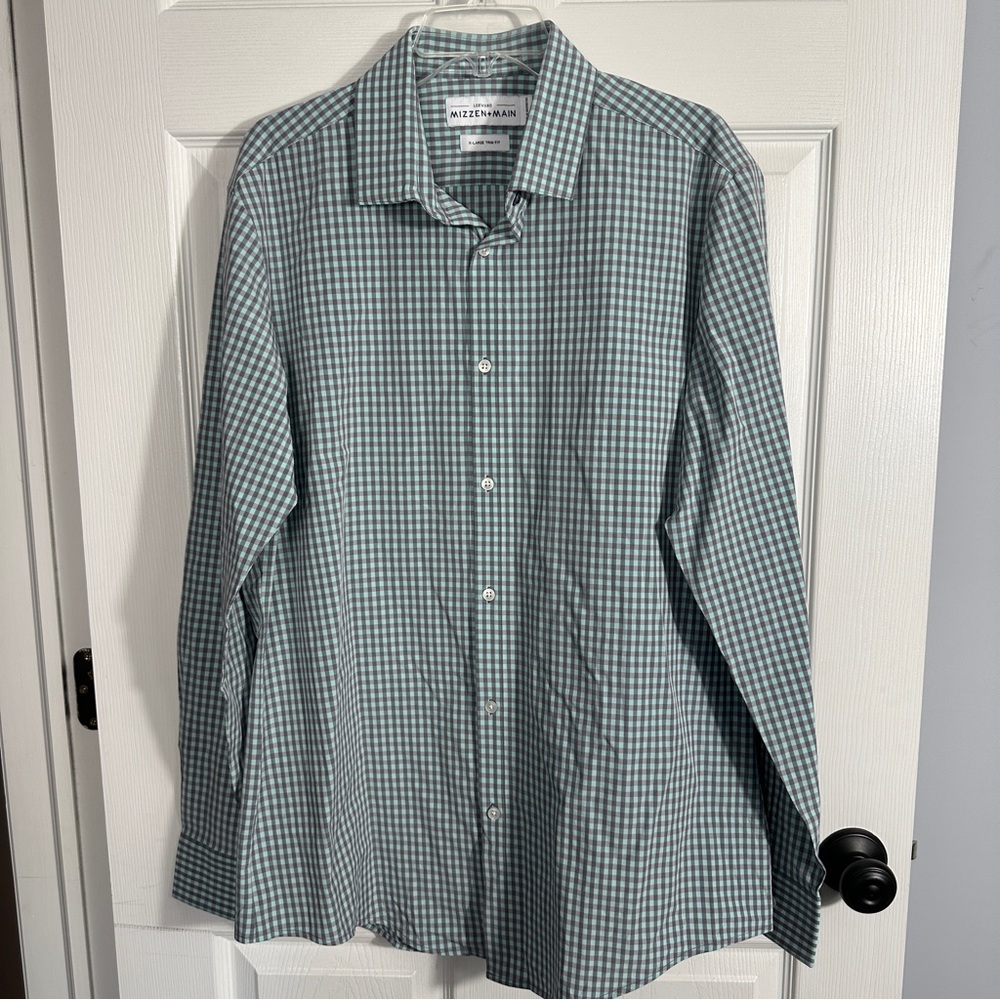 Mizzen+Main Leeward shirt, sz XL trim fit, aqua/gray check, performance wear